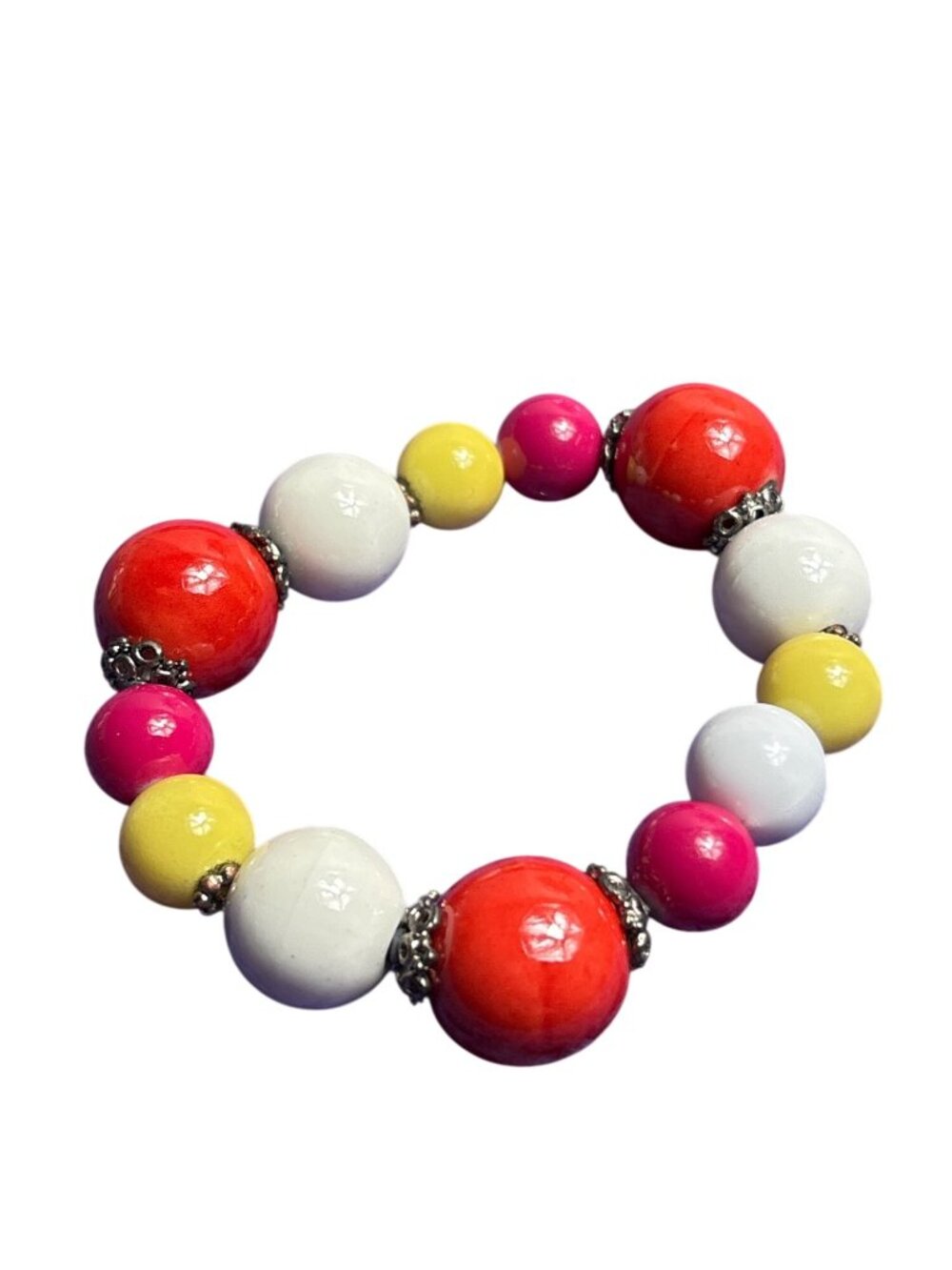 Vintage Multicolor Glass Beaded Stretchy Bracelet Silvertone 6.25 in Unstretched